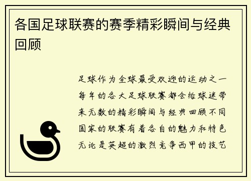 各国足球联赛的赛季精彩瞬间与经典回顾