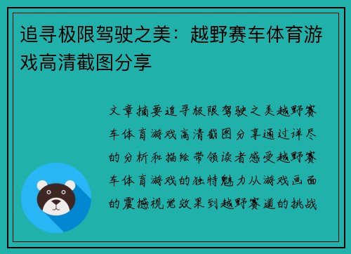 追寻极限驾驶之美：越野赛车体育游戏高清截图分享